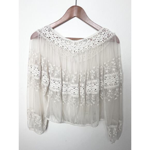 Vintage Free People Sheer Crochet Lace Embroidered Peasant Top Size XS Ivory - Picture 6 of 7